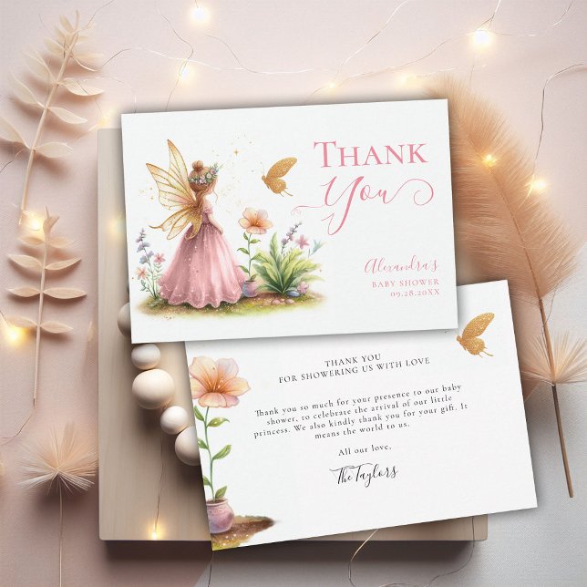 Fairy Princess Enchanted Garden Baby Girl Shower Thank You Card (fairy princess baby girl shower thank you card pink elegant adorable watercolor enchanted garden)