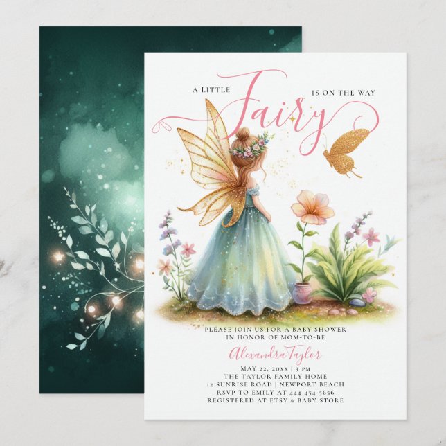 Fairy Princess Enchanted Green Baby Girl Shower Invitation (Front/Back)