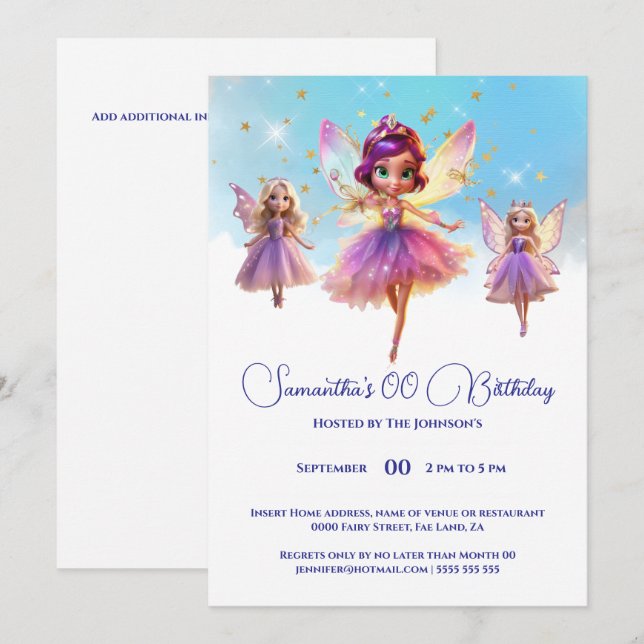 Fairy princess girls birthday party  invitation (Front/Back)