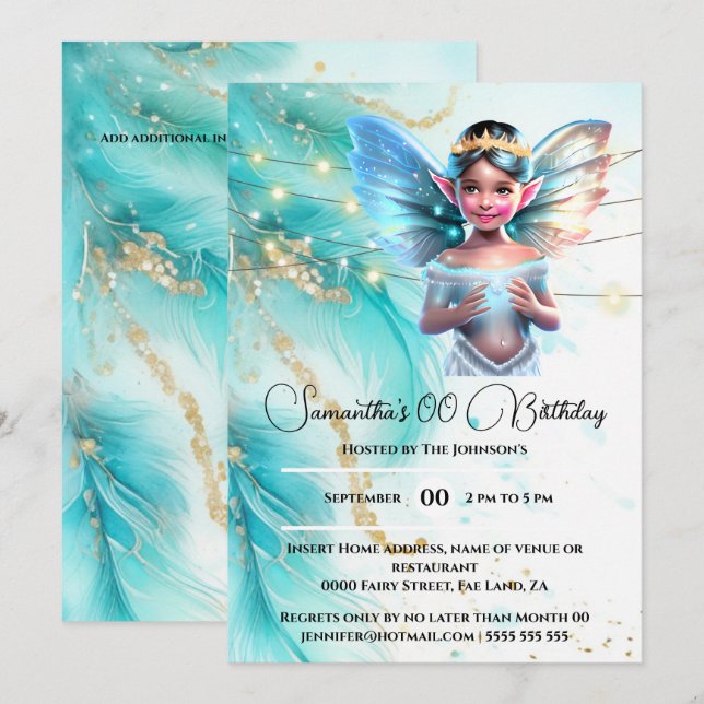 Fairy princess girls birthday theme party invitation (Front/Back)