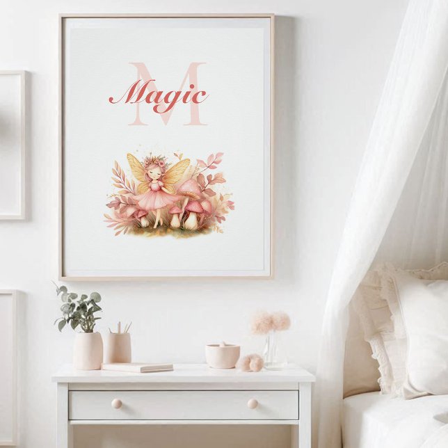 Fairy Princess Magic Pink Monogram Inspirational Poster (enchanted garden fairy princess mushrooms nursery kids decor poster personalized monogram magic)