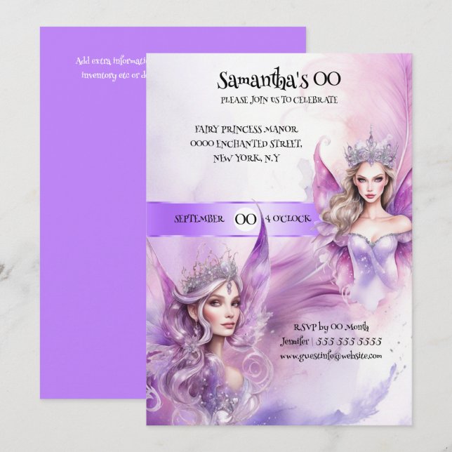 Fairy princess mythical purple fairytale theme  invitation (Front/Back)