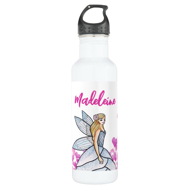 Fairy Princess Pink Hearts Fashion Illustration 710 Ml Water Bottle (Front)