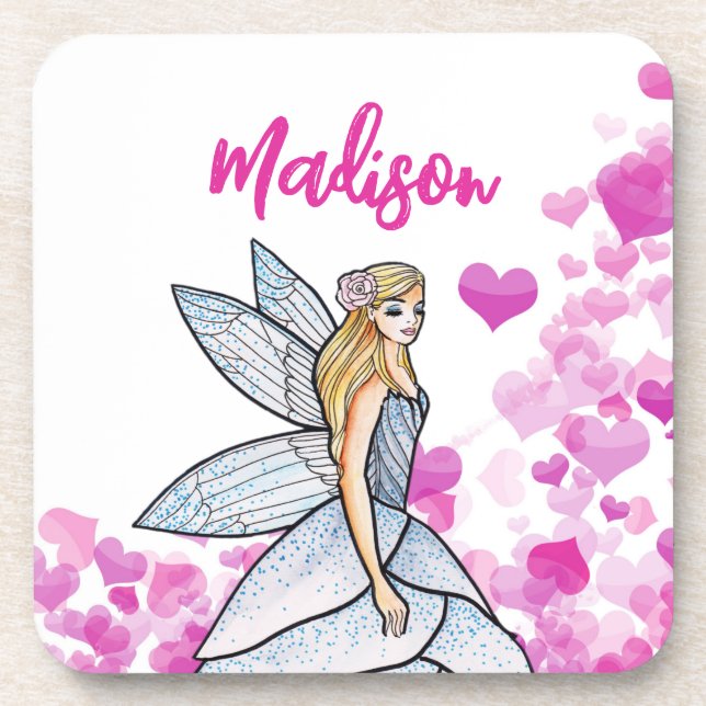 Fairy Princess Pink Hearts Fashion Illustration Coaster (Front)