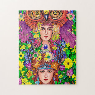 Fairy Princess Sisters Owl original art nouveau Jigsaw Puzzle