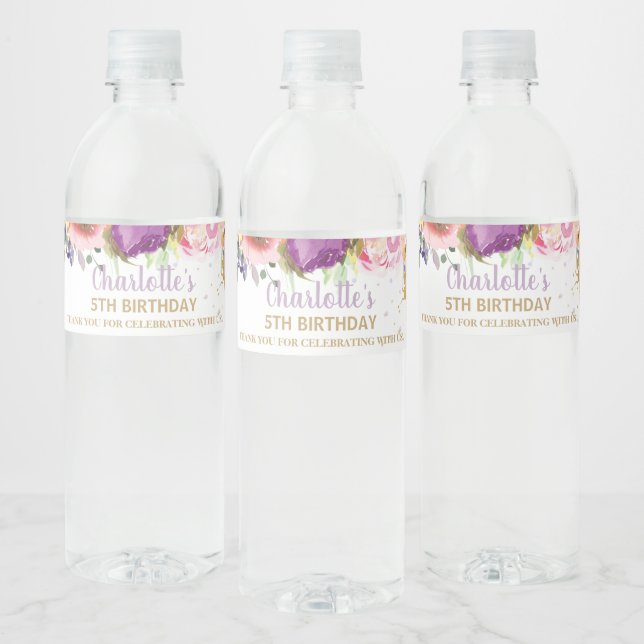 Fairy Purple Pink Floral Baby Shower Birthday Wate Water Bottle Label (Bottles)