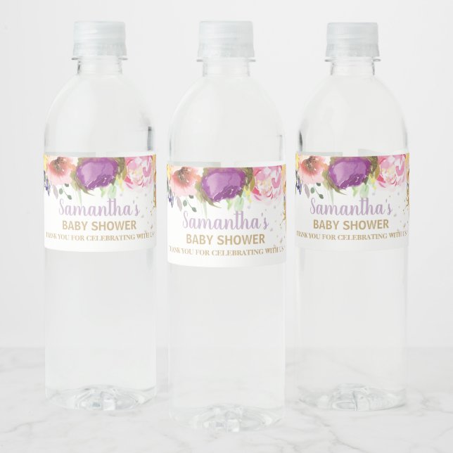 Fairy Purple Pink Floral Baby Shower Birthday Water Bottle Label (Bottles)