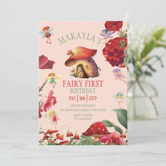  Fairy red mushroom Floral Girl first Birthday  Invitation (Standing Front)