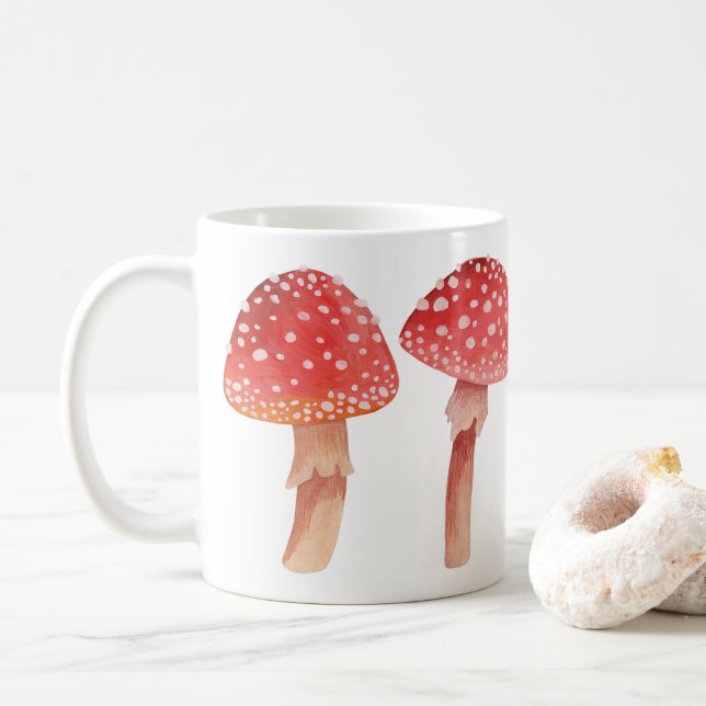 Fairy red mushroom. Woodland fly agaric. Amanita Coffee Mug (With Donut)