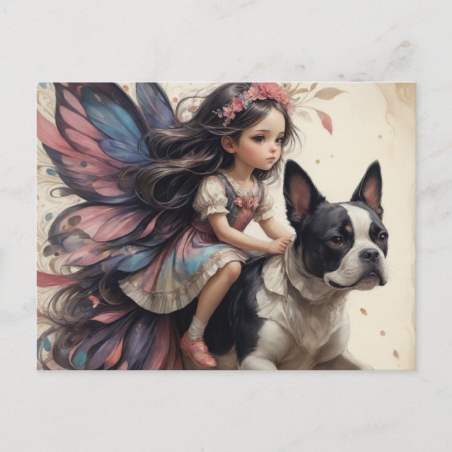 Fairy Riding a Boston Terrier Fantasy Postcard (Front)
