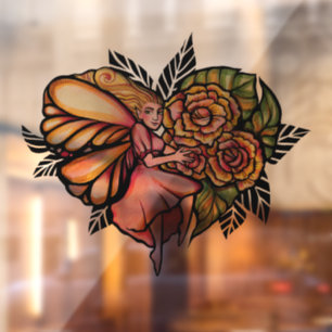 Fairy Roses Art Peach and Pink Fairies Garden Window Cling