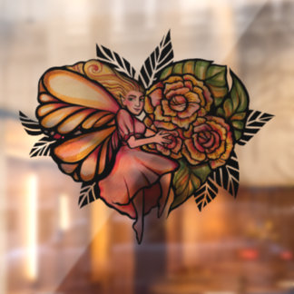Fairy Roses Art Peach and Pink Fairies Garden      Window Cling