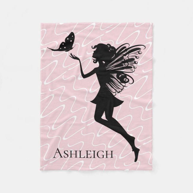 Fairy Silhouette, on Pink, personalise w name Fleece Blanket (Front)