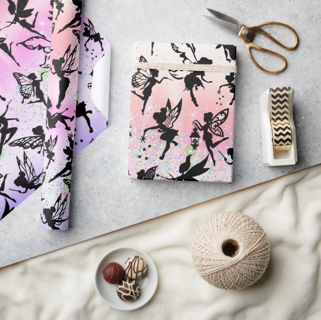 Fairy Silhouette Pattern Sparkly Rainbow Girly Wrapping Paper (Crafts)