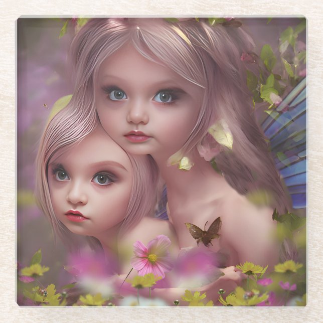 Fairy Sisters Amongst the Flowers in the Forest Glass Coaster (Front)