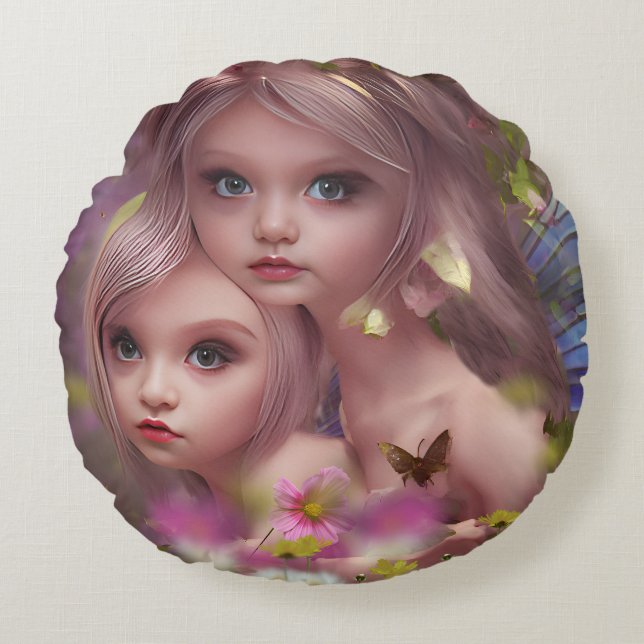 Fairy Sisters Amongst the Flowers in the Forest Round Cushion (Front)