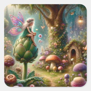 Fairy sitting on an Artichoke Magical Illutration Square Sticker