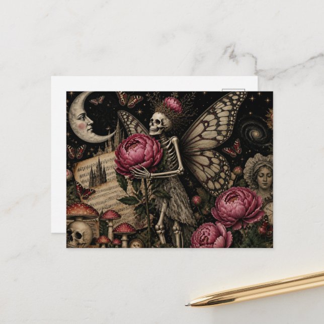 Fairy Skeleton and Peony Flowers Collage Postcard (Front/Back In Situ)