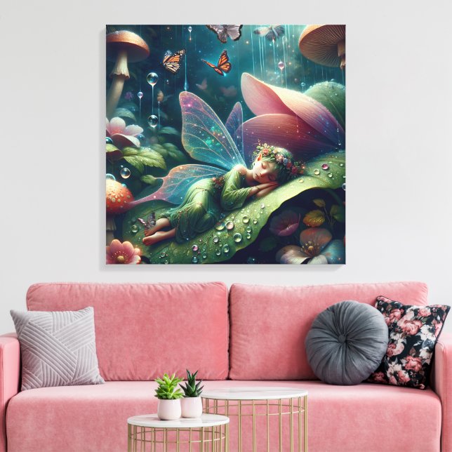 Fairy Sleeping on a Mushroom | Blank Canvas Print (Insitu(LivingRoom))