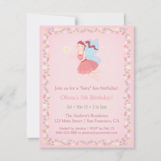 Fairy Spring Girls Pink Birthday Party Invitations (Front)