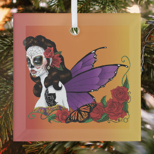 Fairy Sugar Skull Purple Wings Roses Sunset Glass Tree Decoration