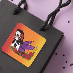 Fairy Sugar Skull Purple Wings Roses Sunset Square Sticker