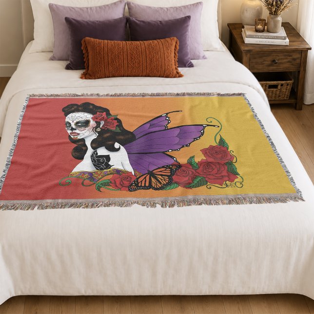 Fairy Sugar Skull Purple Wings Roses Sunset Throw Blanket (Creator Uploaded)