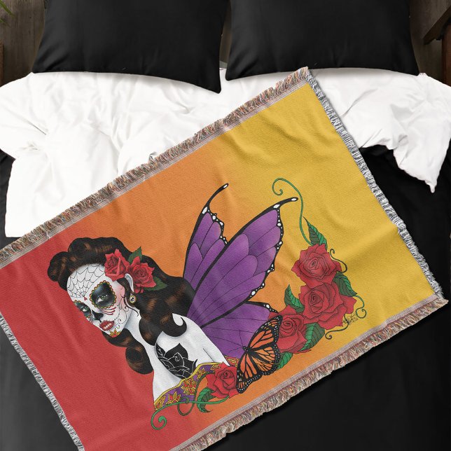 Fairy Sugar Skull Purple Wings Roses Sunset Throw Blanket (Creator Uploaded)