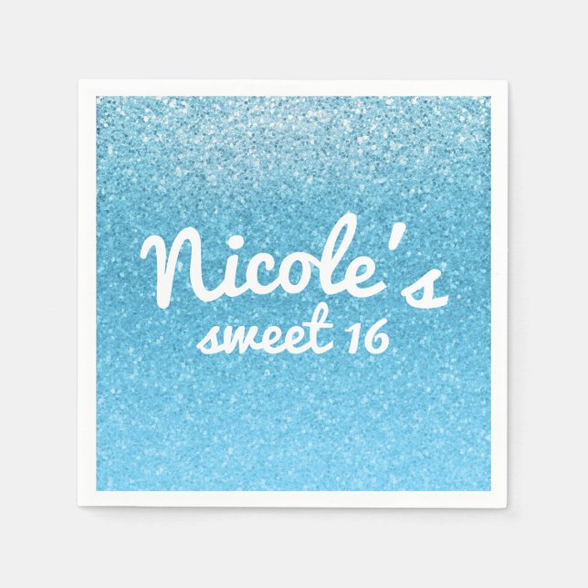 Fairy Tale Blue Glitter Sweet 16 Birthday Party Napkin (Front)