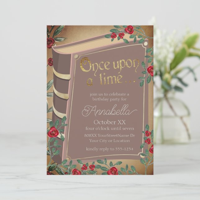 Fairy Tale Book Cover with Red Roses on Parchment Invitation (Standing Front)