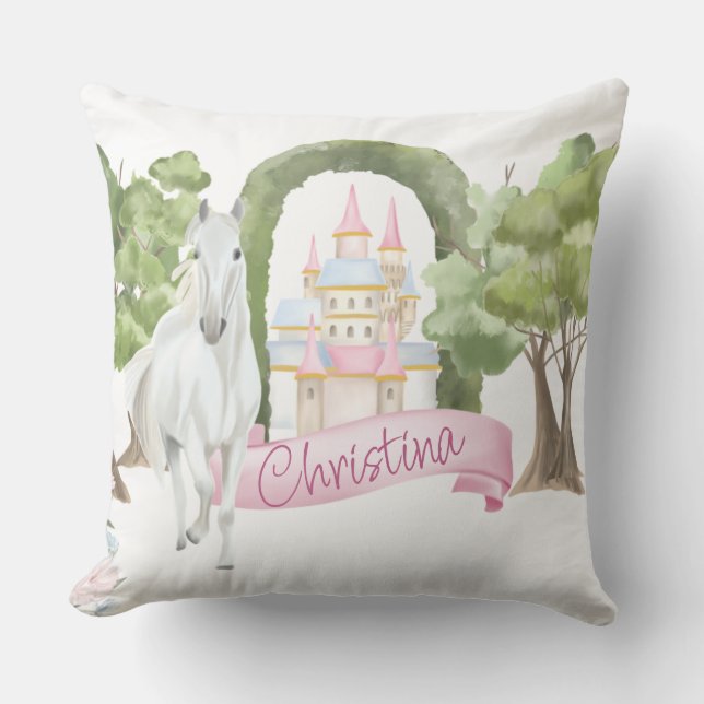 Fairy Tale Castle and White Horse Watercolor Cushion (Front)
