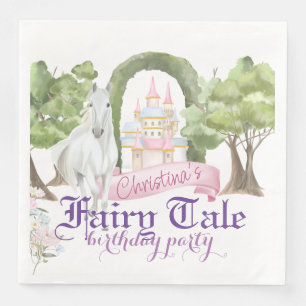 Fairy Tale Castle and White Horse Watercolor Napkin