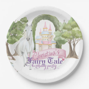 Fairy Tale Castle and White Horse Watercolor Paper Plate