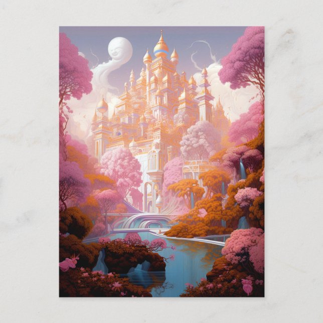 Fairy Tale Castle Pink White Gold Fantasy Art Postcard (Front)