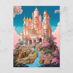 Fairy Tale Castle Pink White Gold Fantasy Art Postcard