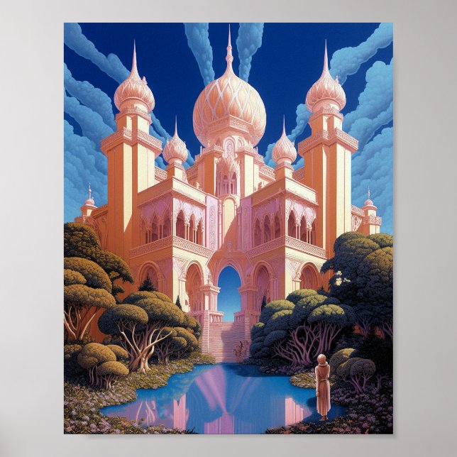 Fairy Tale Castle Pink White Gold Fantasy Art Poster (Front)