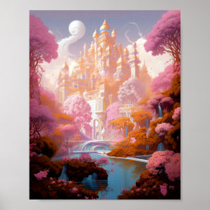 Fairy Tale Castle Pink White Gold Fantasy Art Poster