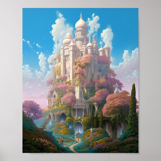 Fairy Tale Castle Pink White Gold Fantasy Art Poster (Front)
