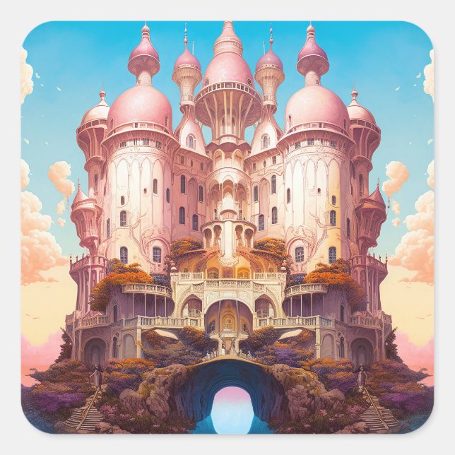 Fairy Tale Castle Pink White Gold Fantasy Art Square Sticker (Front)