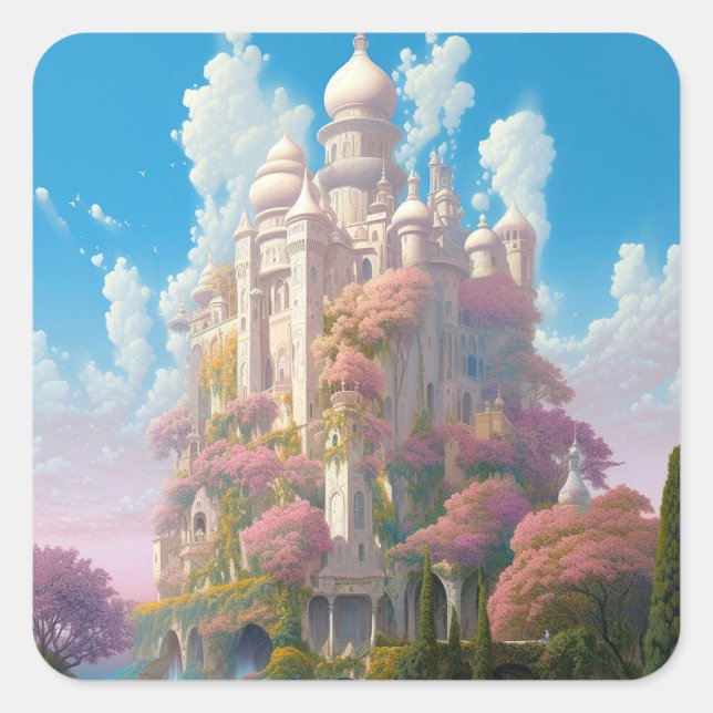 Fairy Tale Castle Pink White Gold Fantasy Art Square Sticker (Front)