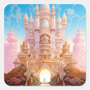 Fairy Tale Castle Pink White Gold Fantasy Art Square Sticker