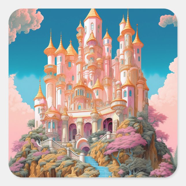 Fairy Tale Castle Pink White Gold Fantasy Art Square Sticker (Front)