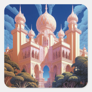 Fairy Tale Castle Pink White Gold Fantasy Art Square Sticker