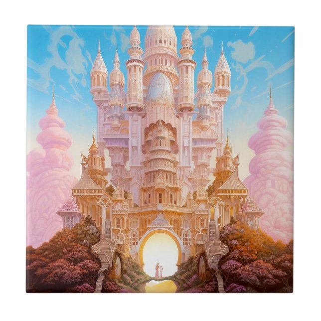 Fairy Tale Castle Pink White Gold Fantasy Art Tile (Front)