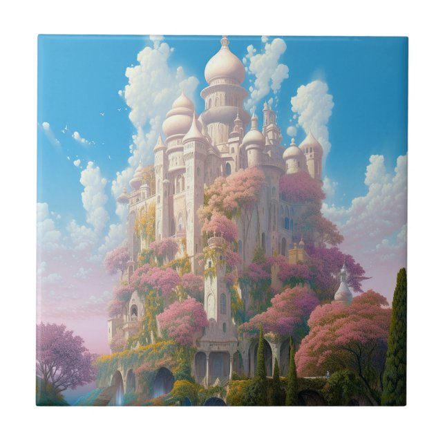 Fairy Tale Castle Pink White Gold Fantasy Art Tile (Front)