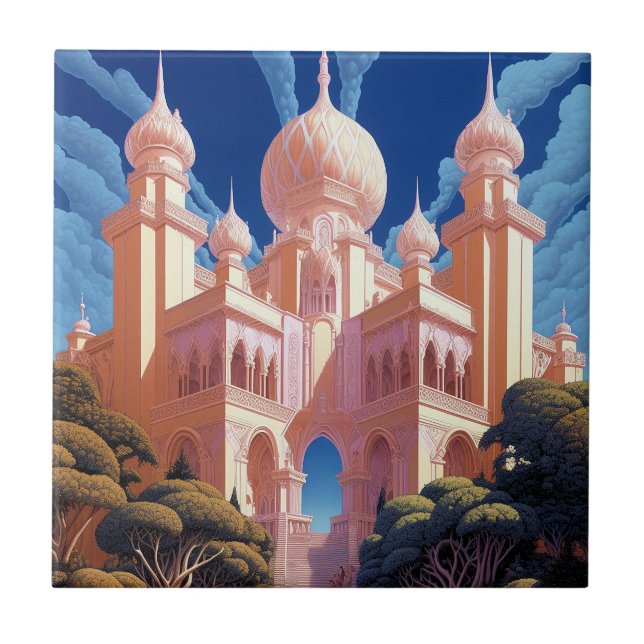 Fairy Tale Castle Pink White Gold Fantasy Art Tile (Front)