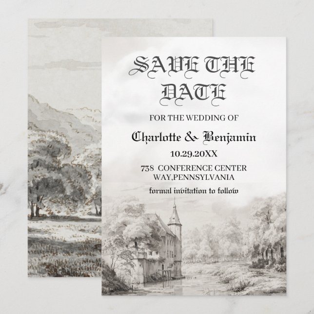  Fairy tale Castle Vintage Wedding Save The Date (Front/Back)