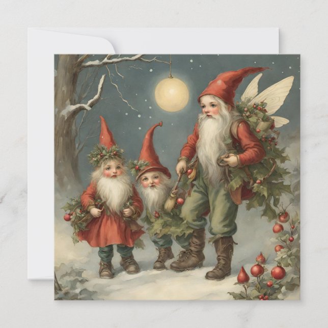 Fairy Tale Christmas Gnome Family in Winter Forest Card (Front)