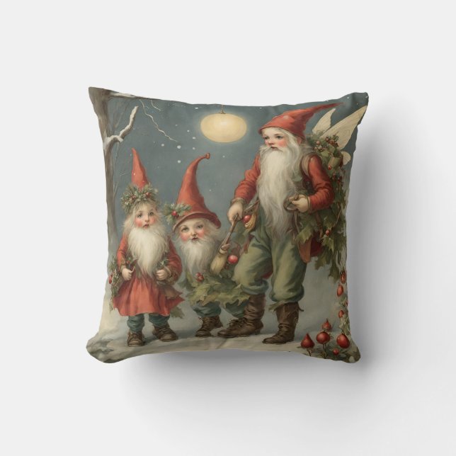 Fairy Tale Christmas Gnome Family in Winter Forest Cushion (Front)