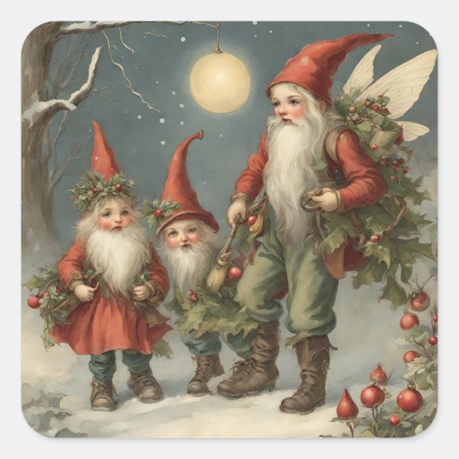 Fairy Tale Christmas Gnome Family in Winter Forest Square Sticker (Front)
